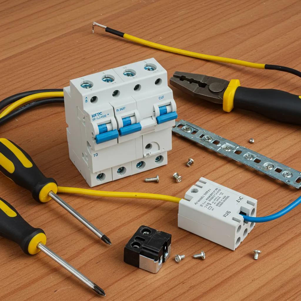 A close-up view of vital electrical circuit components, such as a fuse, MCB, and RCD.