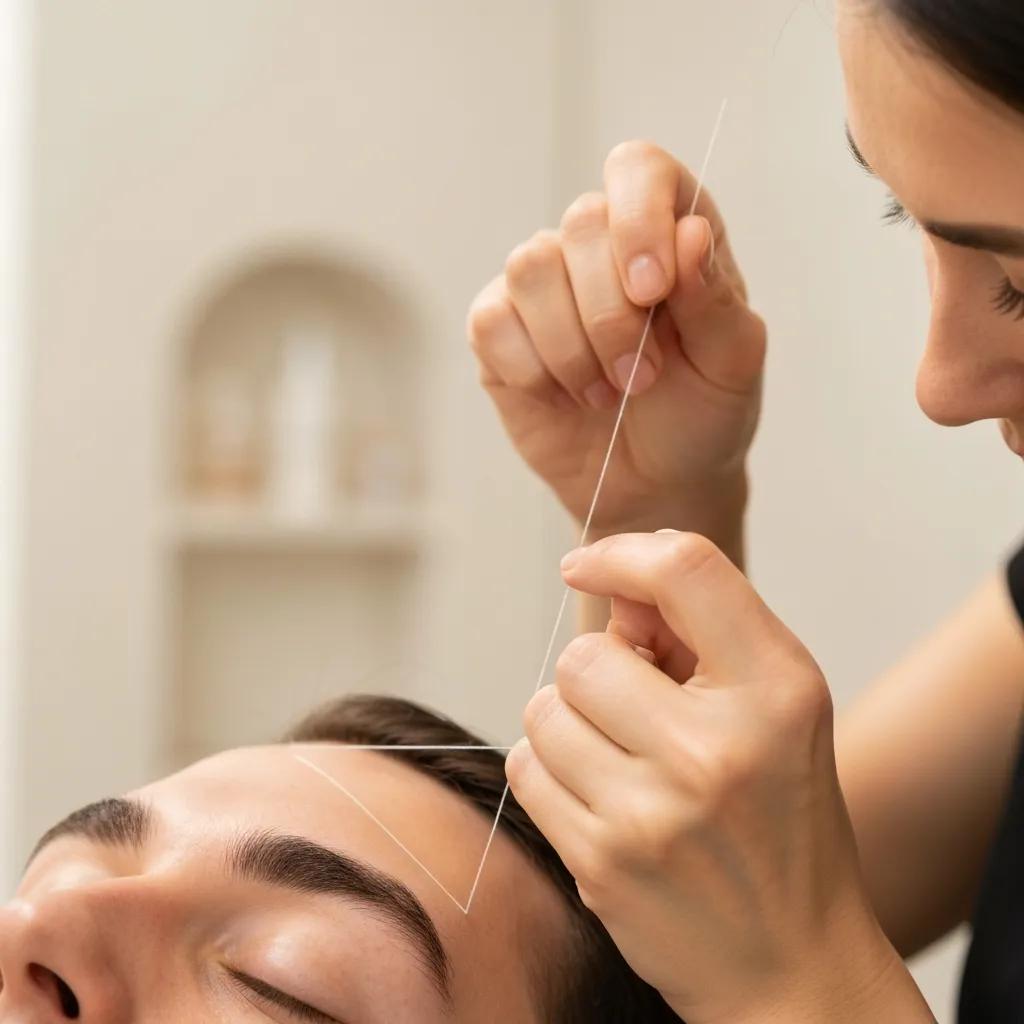 Close-up of men's eyebrow threading showing precise, natural-looking shaping