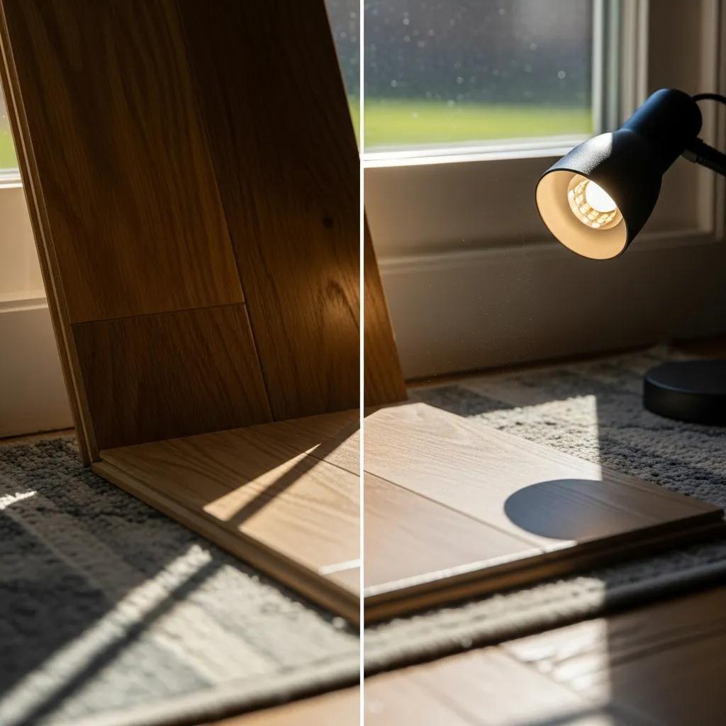 Close-up of flooring sample being tested under different lighting to show colour and texture changes