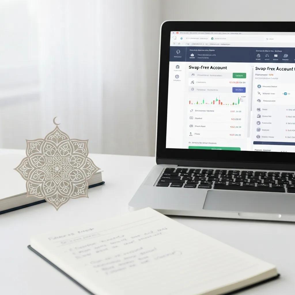 Close-up of forex trading platform on a laptop, showcasing swap-free account features and Islamic motifs