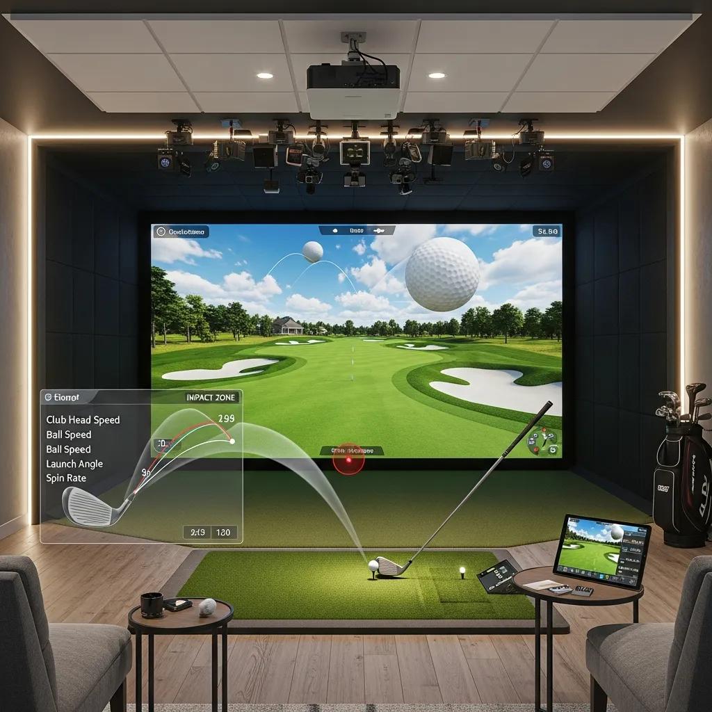 Close-up of golf simulator features including high-definition screen and swing analysis tools
