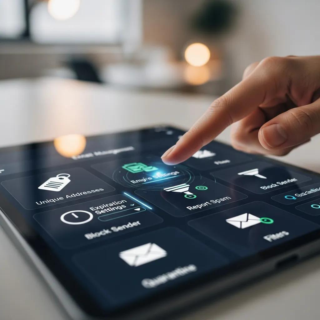 Close-up of hand using a device to manage temporary email filters and reduce spam