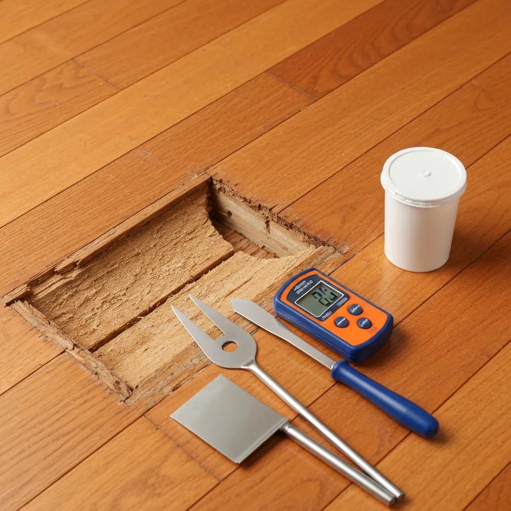 Close‑up of hardwood floor showing cupping and gapping with repair tools nearby