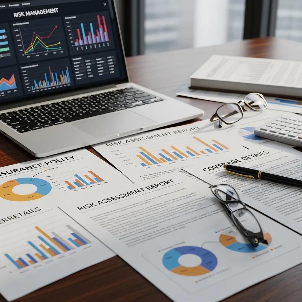 Close-up of insurance documents and risk assessment tools on a professional desk