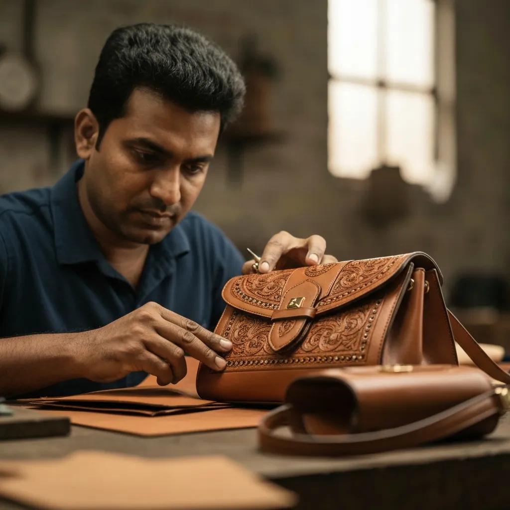 Close-up of luxurious materials including gemstones, leather, and metal components used in designer fashion