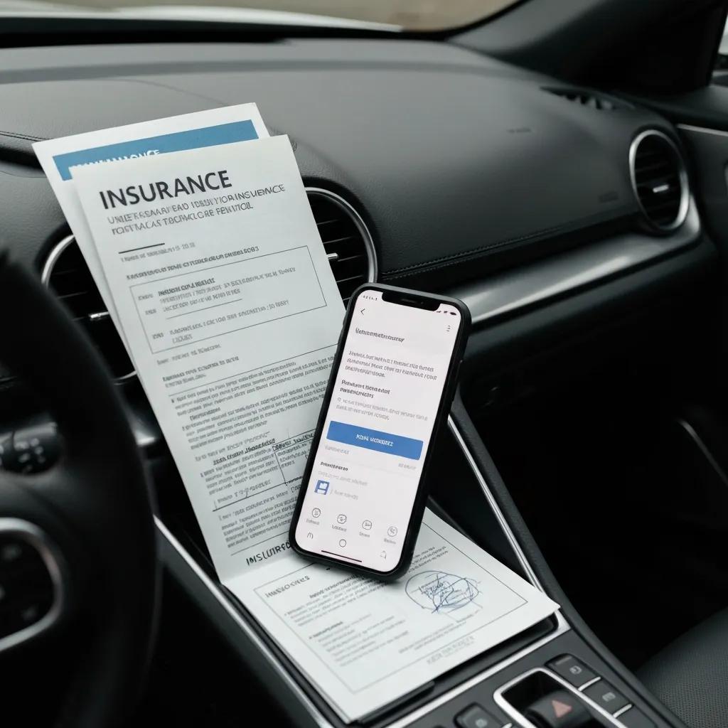 Close-up of luxury car dashboard with insurance documents, emphasizing rental preparation