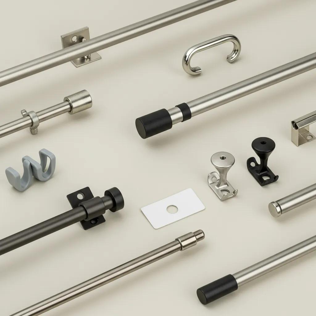 Close-up of no-drill curtain hardware options including tension rods and adhesive hooks