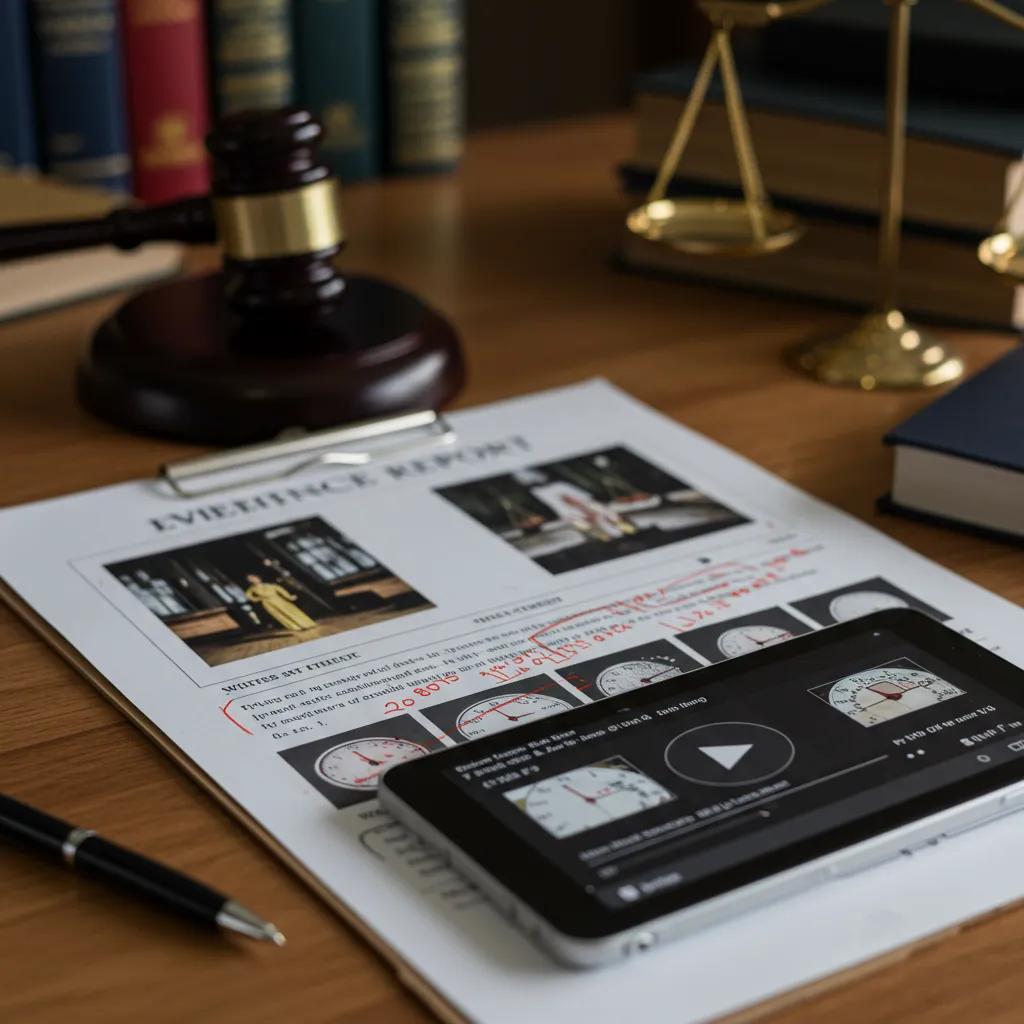 Close-up of organized evidence report with photographs and statements, illustrating court-ready preparation