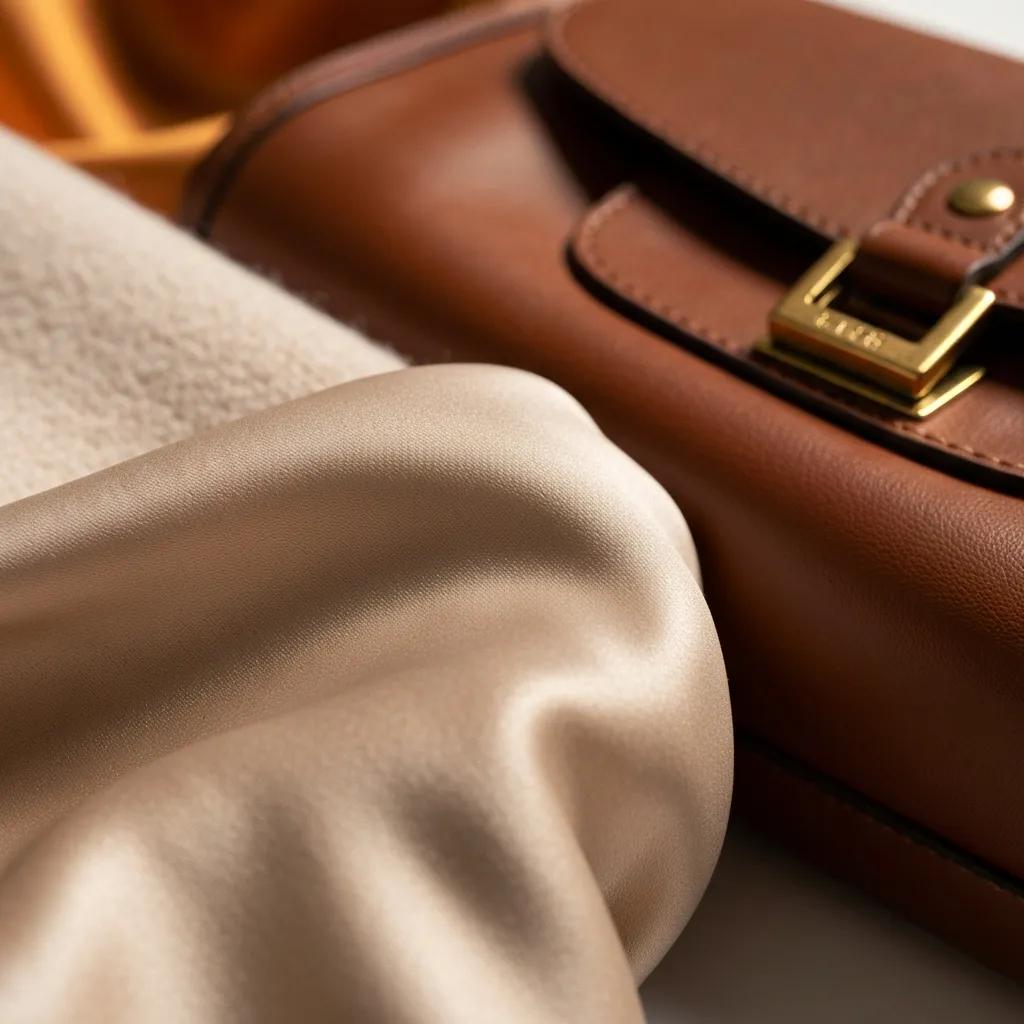 Close-up of premium fabrics including cashmere, silk, and leather, showcasing their quality and texture