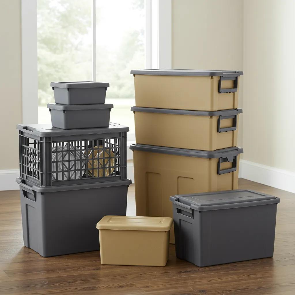 Close-up of residential plastic moving boxes, showing off their stackability and smart design
