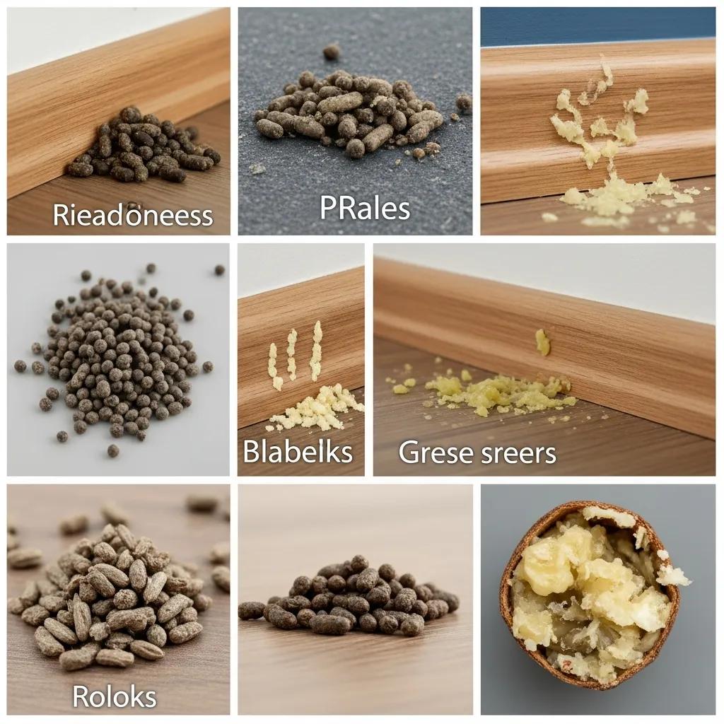 Close-up of rodent infestation signs including droppings and gnaw marks in a home environment, aiding in pest identification
