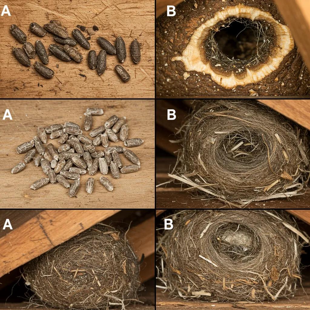 Close-up view of rodent evidence: droppings and fresh gnaw marks on household materials