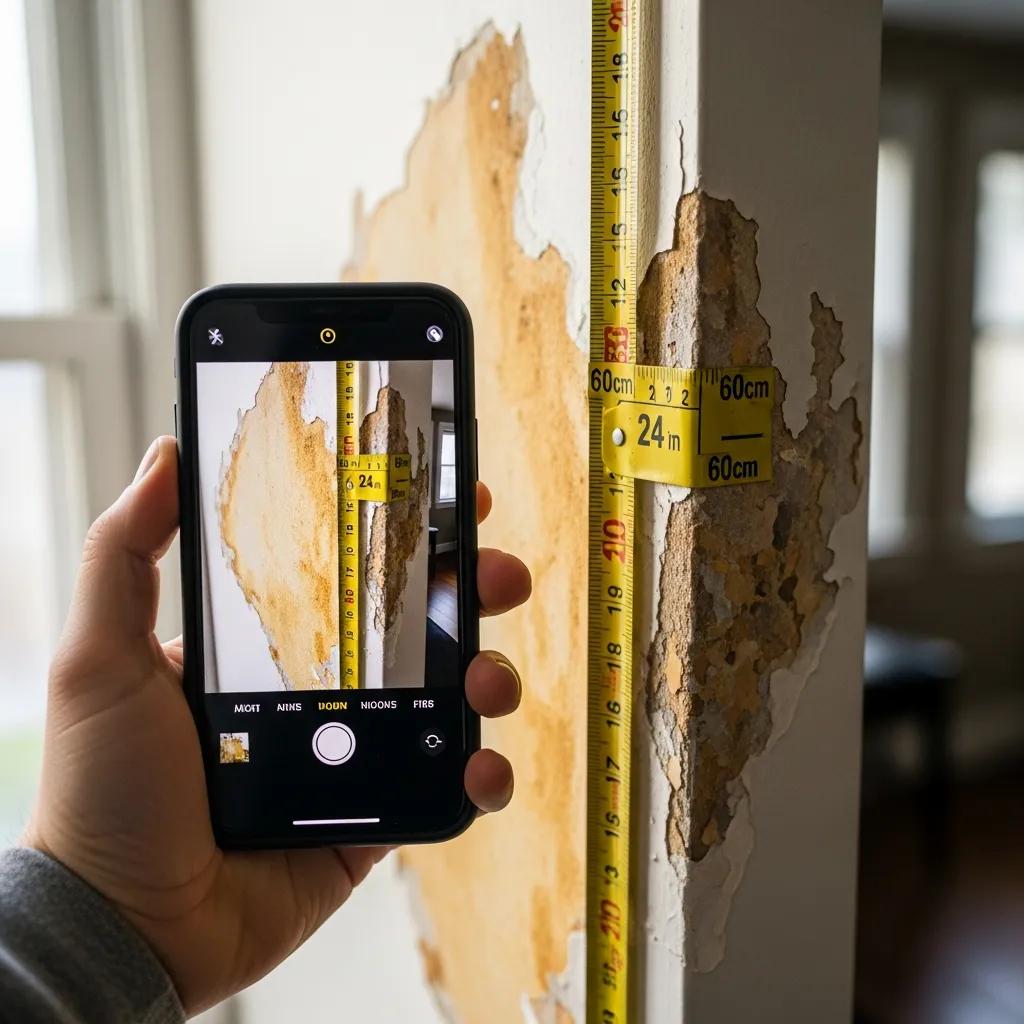 Smartphone close-up photographing water damage inside a home — demonstrating clear documentation