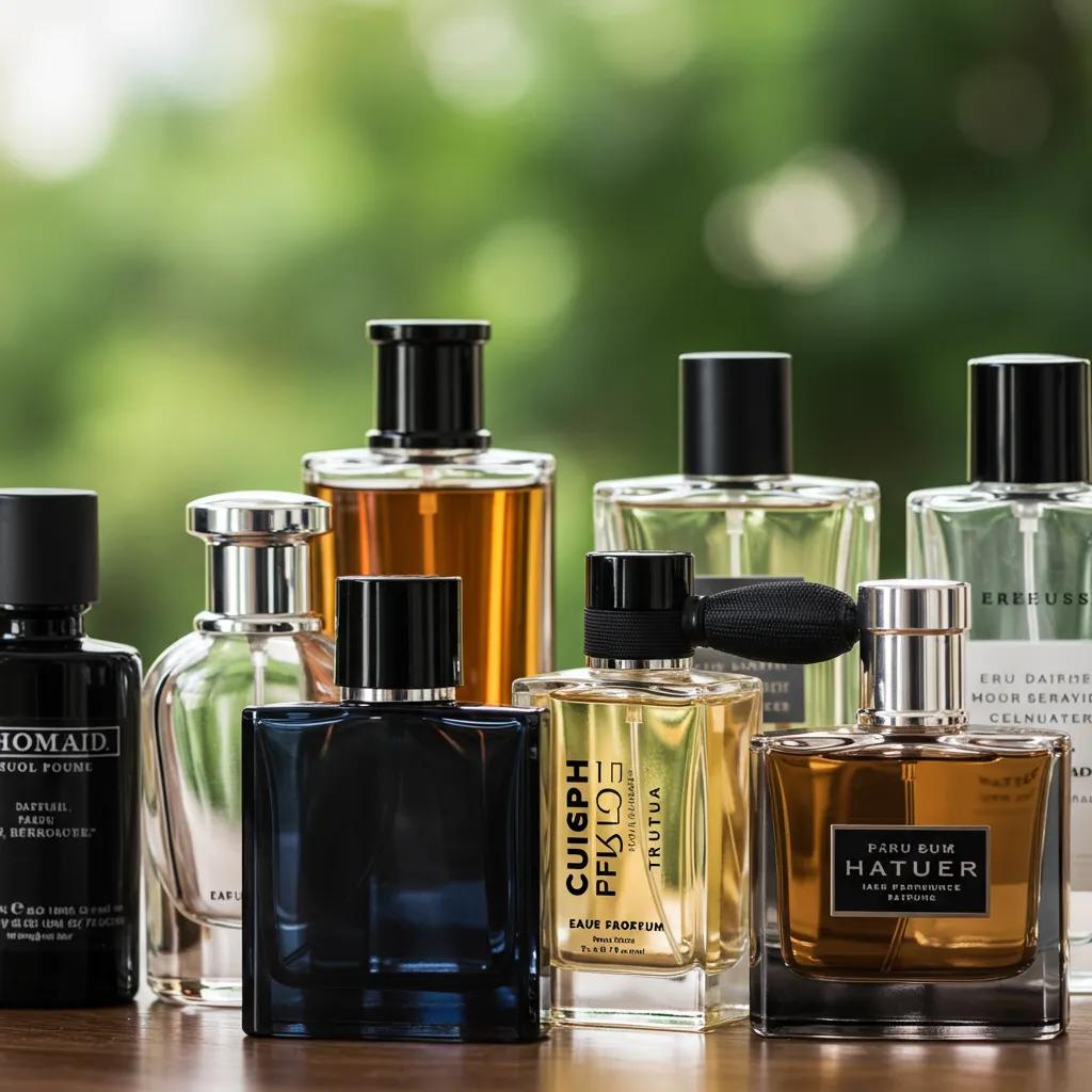 Close-up of top-rated men's fragrances for 2025, highlighting designer and niche options in an inviting setting