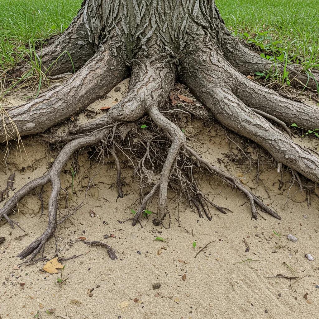 Close-up of tree roots in sandy soil, illustrating environmental factors affecting tree health in Deltona