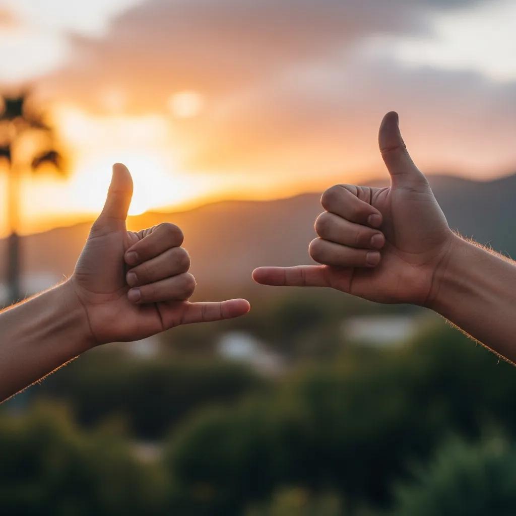 Close-up of two people exchanging shaka signs — a moment of friendship and good vibes