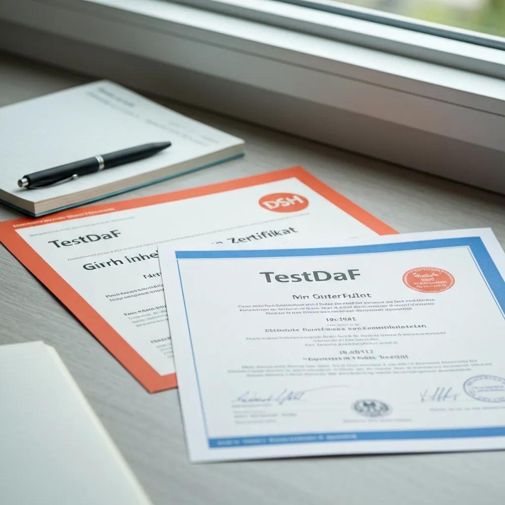Close-up of various German language certificates on a desk, illustrating accepted qualifications for university admission