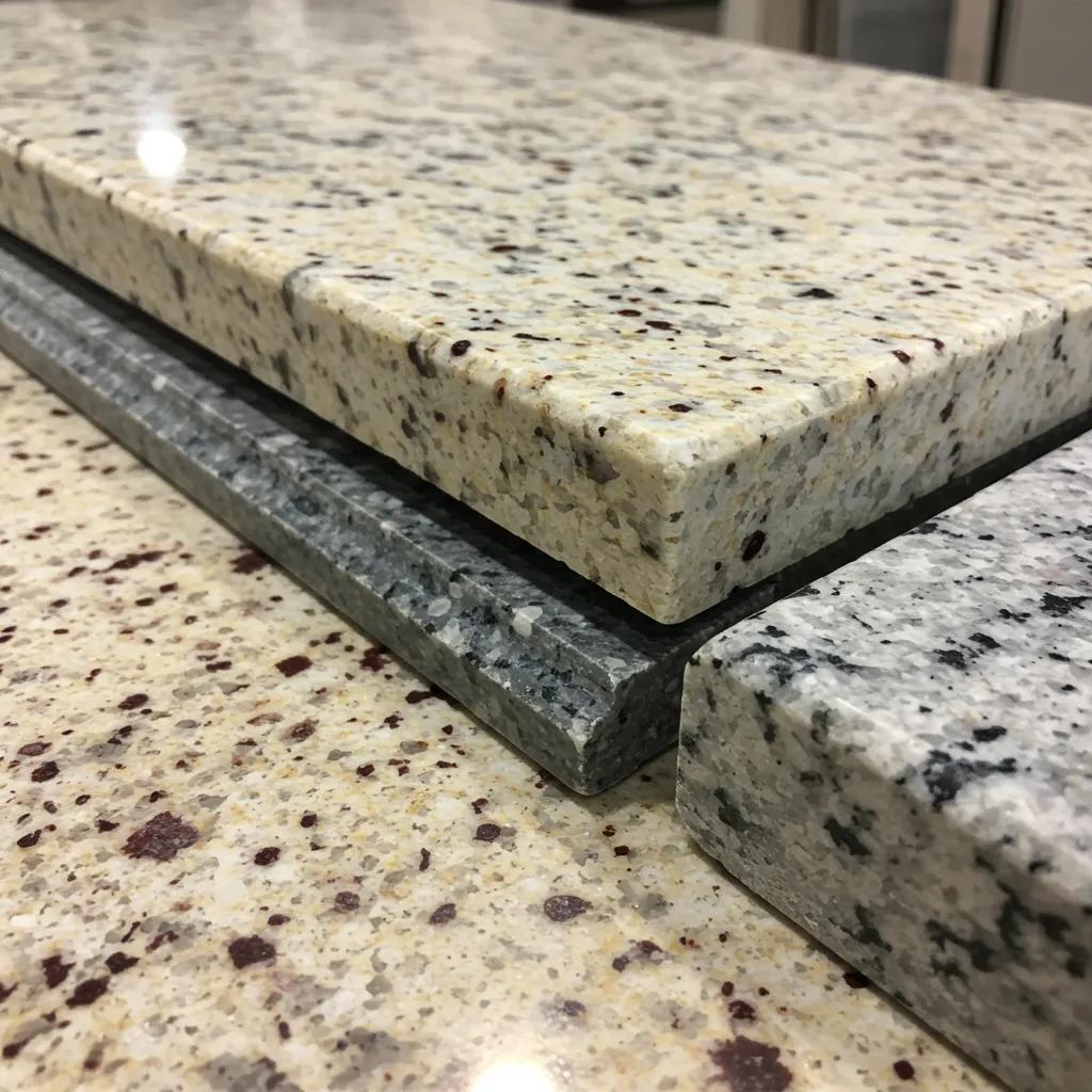Close-up of various granite edge profiles including eased, beveled, and ogee