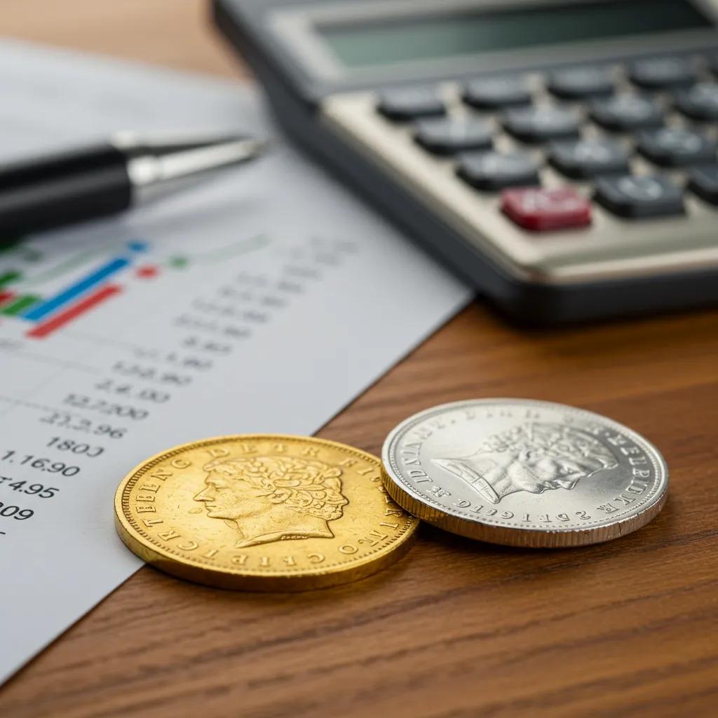 Close-up of vintage gold and silver coins on a wooden table, symbolizing historical price trends in precious metals Close-up of vintage gold and silver coins on a wooden table, symbolizing historical price trends in precious metals
