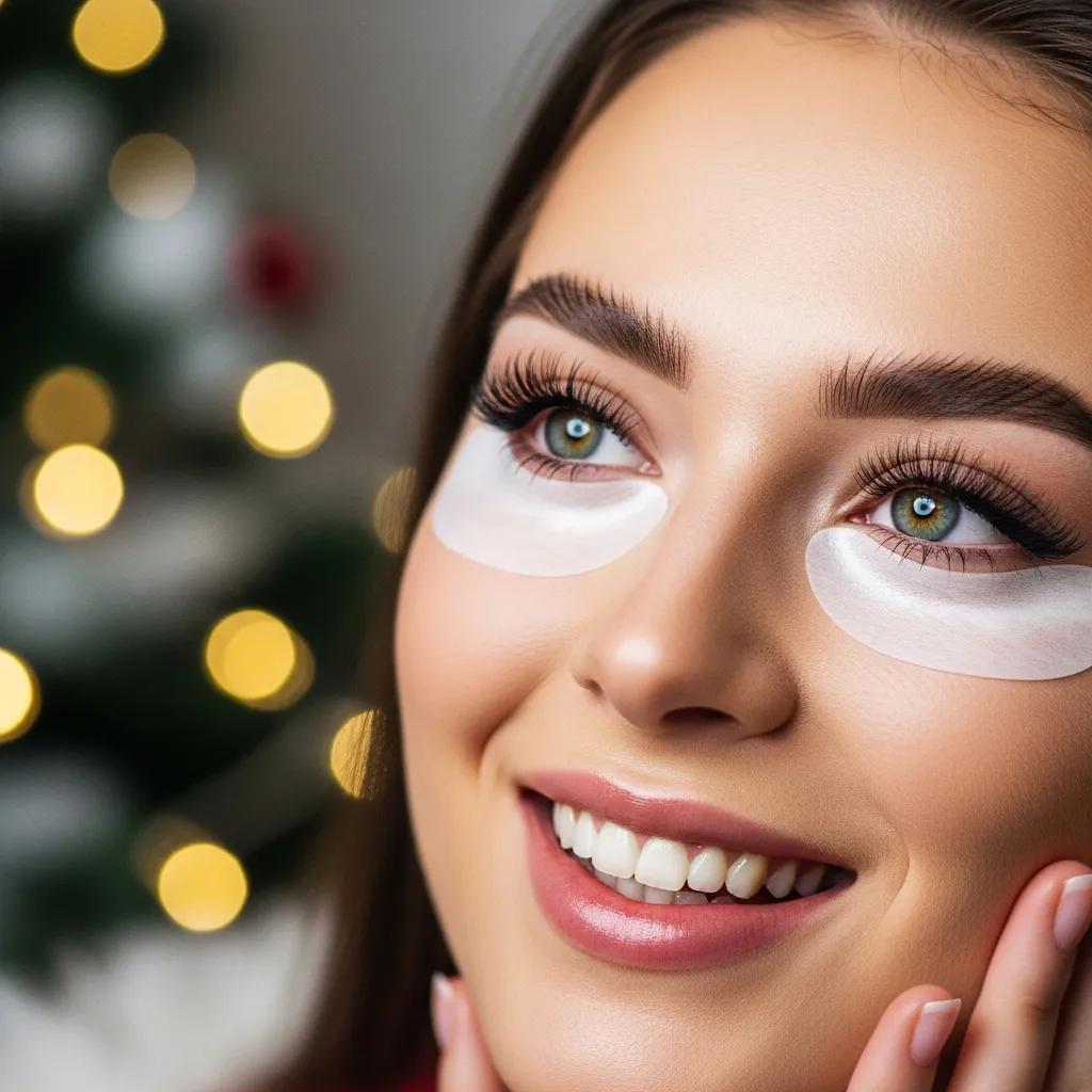 Close-up of volume lash extensions on a model with a festive holiday background