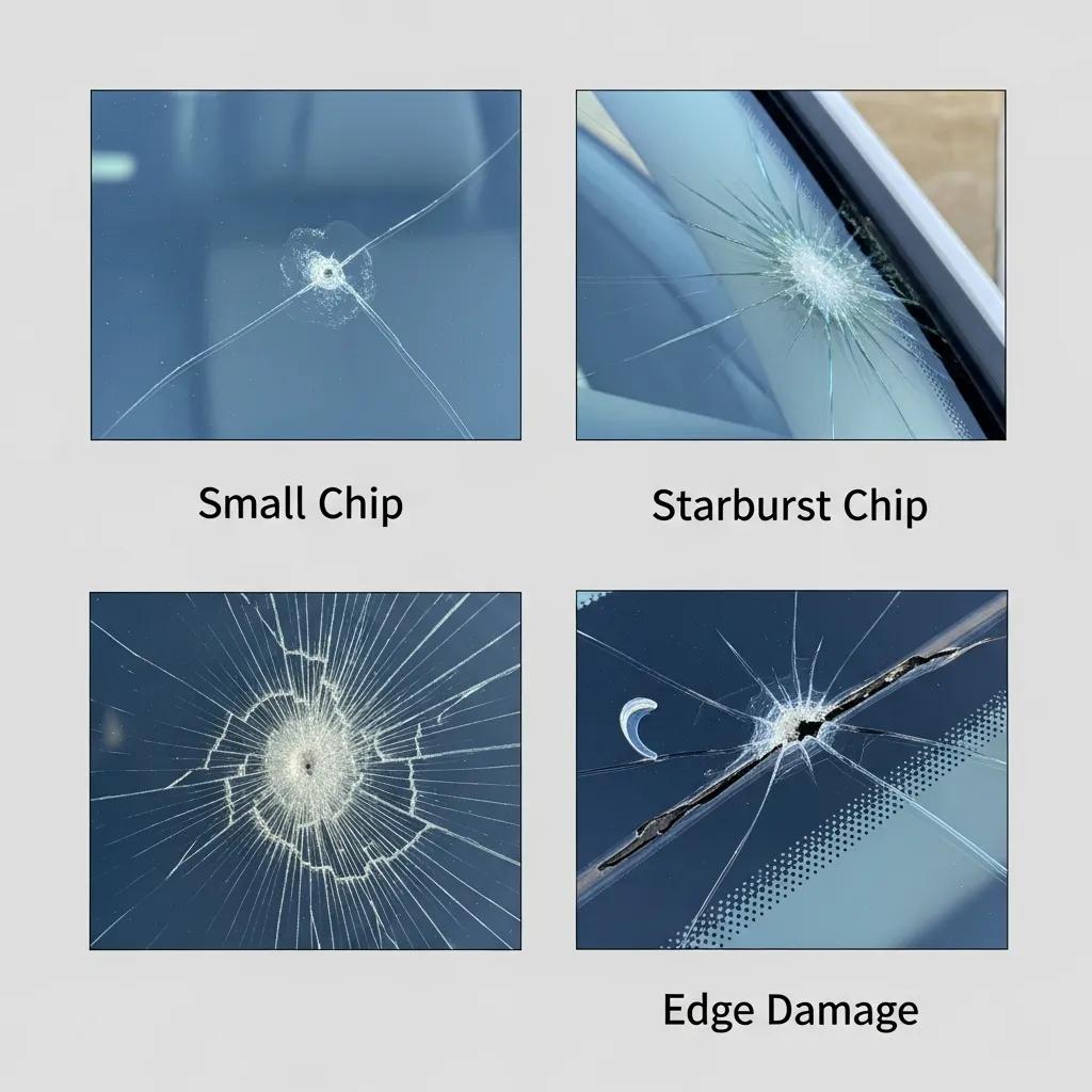 Close-up view of various types of windshield damage including chips and cracks
