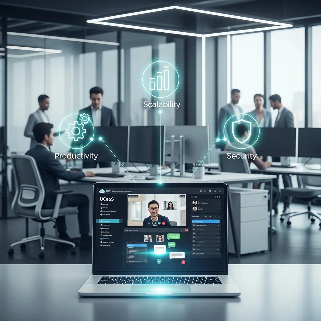 Cloud-based UCaaS interface showcasing productivity, scalability, and security benefits