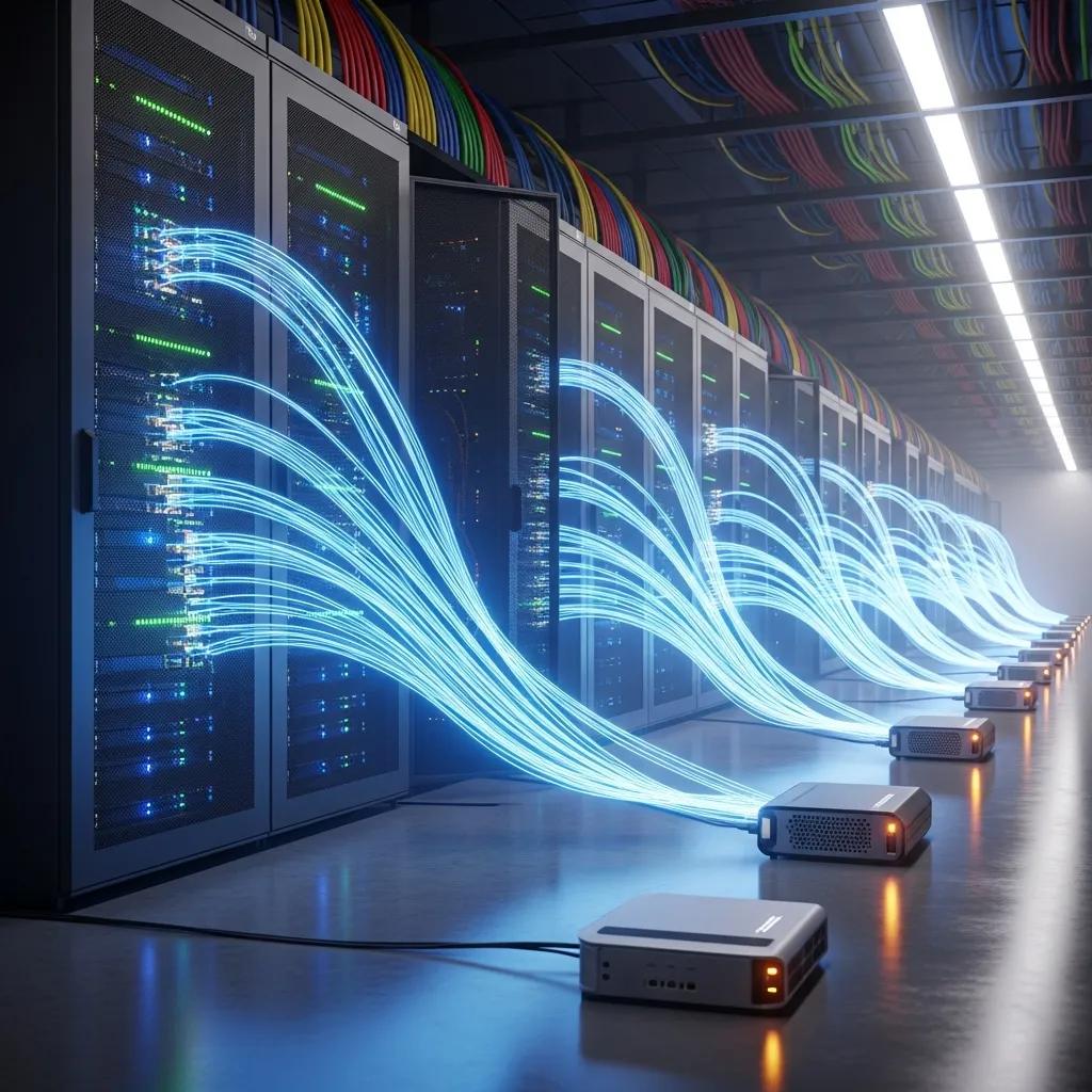 Cloud computing server room with edge computing devices illustrating technology integration