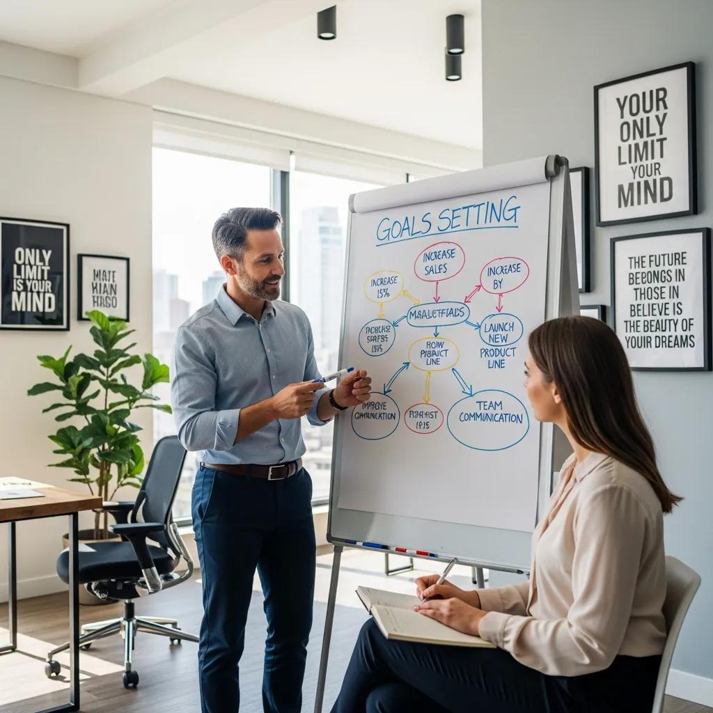 Coach and client mapping goals and next steps in a bright, focused session