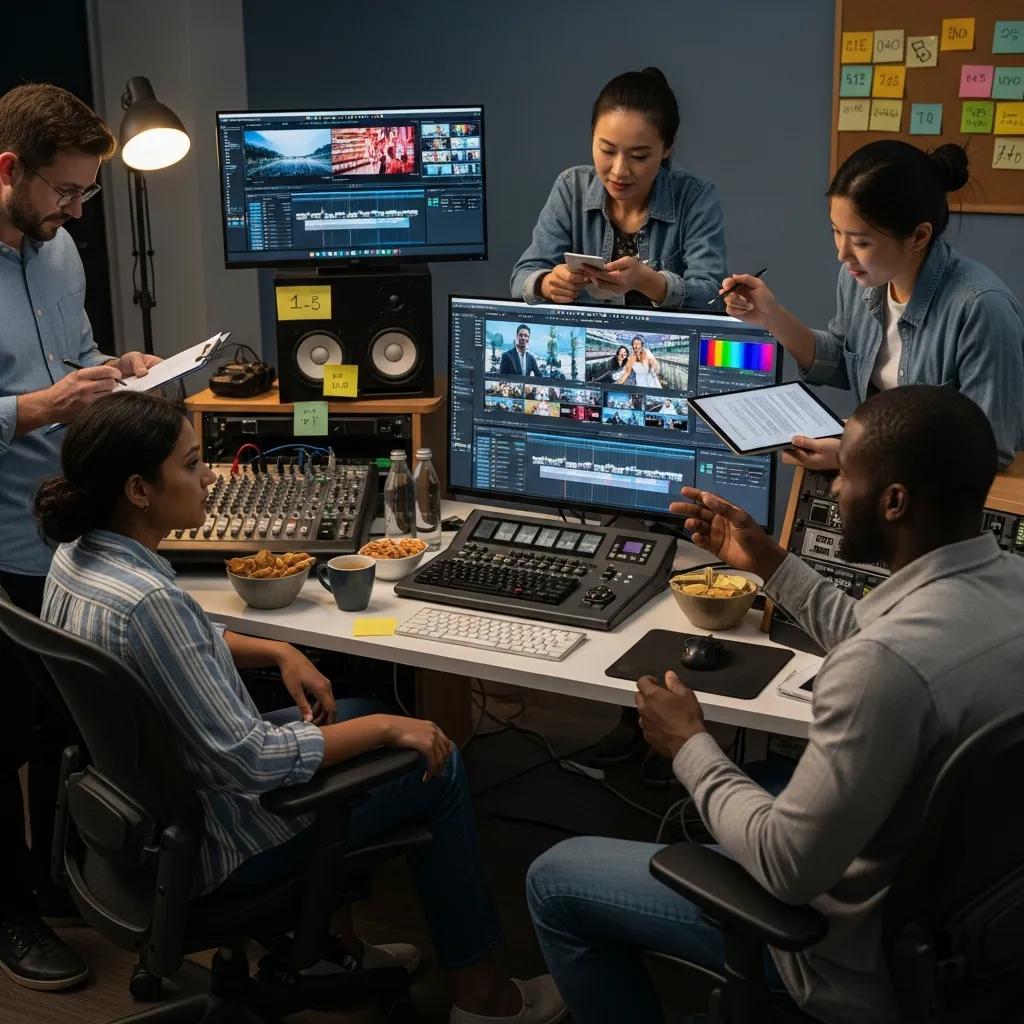 Collaborative video editing session in a professional studio