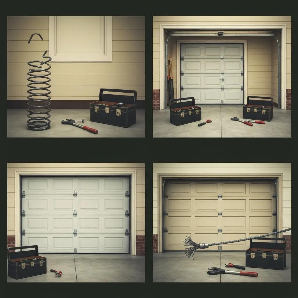 Common garage door emergencies — broken spring, off-track door and snapped cable — shown in a helpful collage