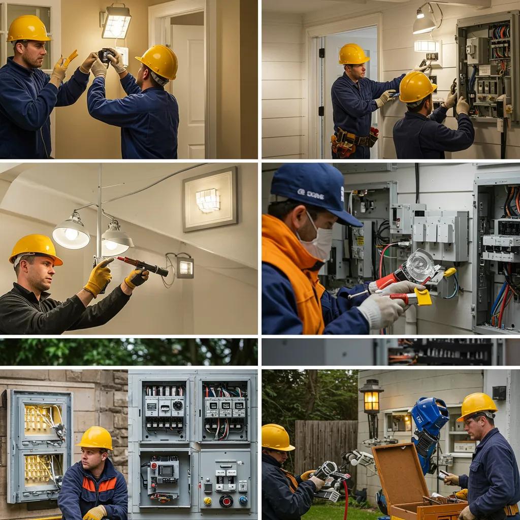 Collage of electrical installation services including lighting and panel upgrades