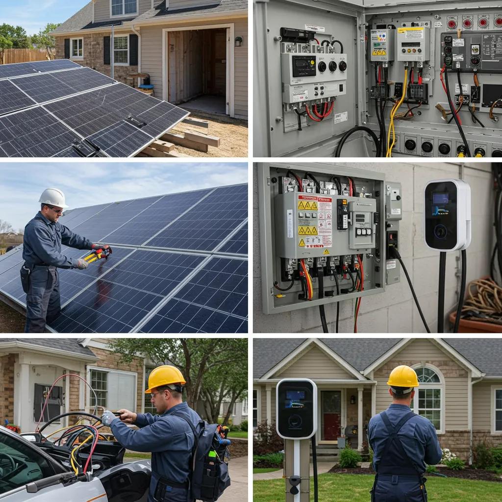Collage of electrical services including solar panel installation and electric vehicle charging station setup