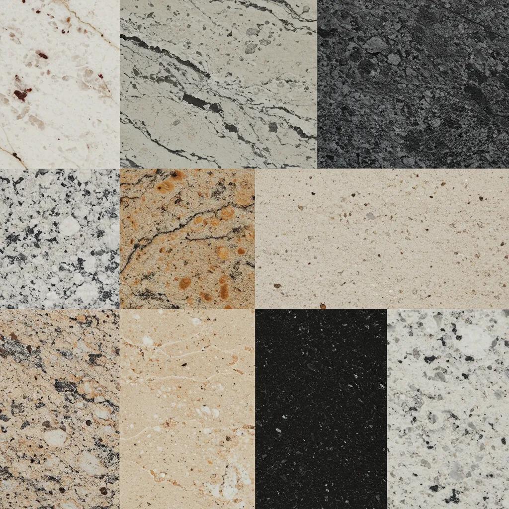 Collage of granite countertop samples representing 2025 trends in colors and finishes