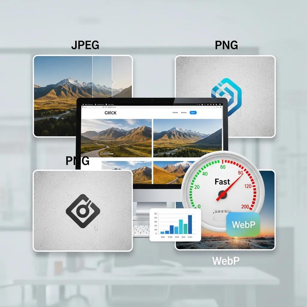 Collage of image formats including JPEG, PNG, and WebP, showcasing a website interface with performance metrics and a speed gauge, illustrating image optimization techniques for faster website performance.