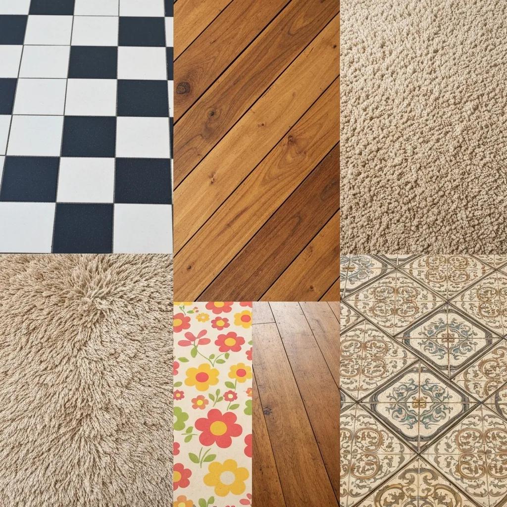 Collage showing checkerboard tiles, worn wooden planks, retro vinyl, shag carpet and Victorian tiles — classic nostalgic flooring styles
