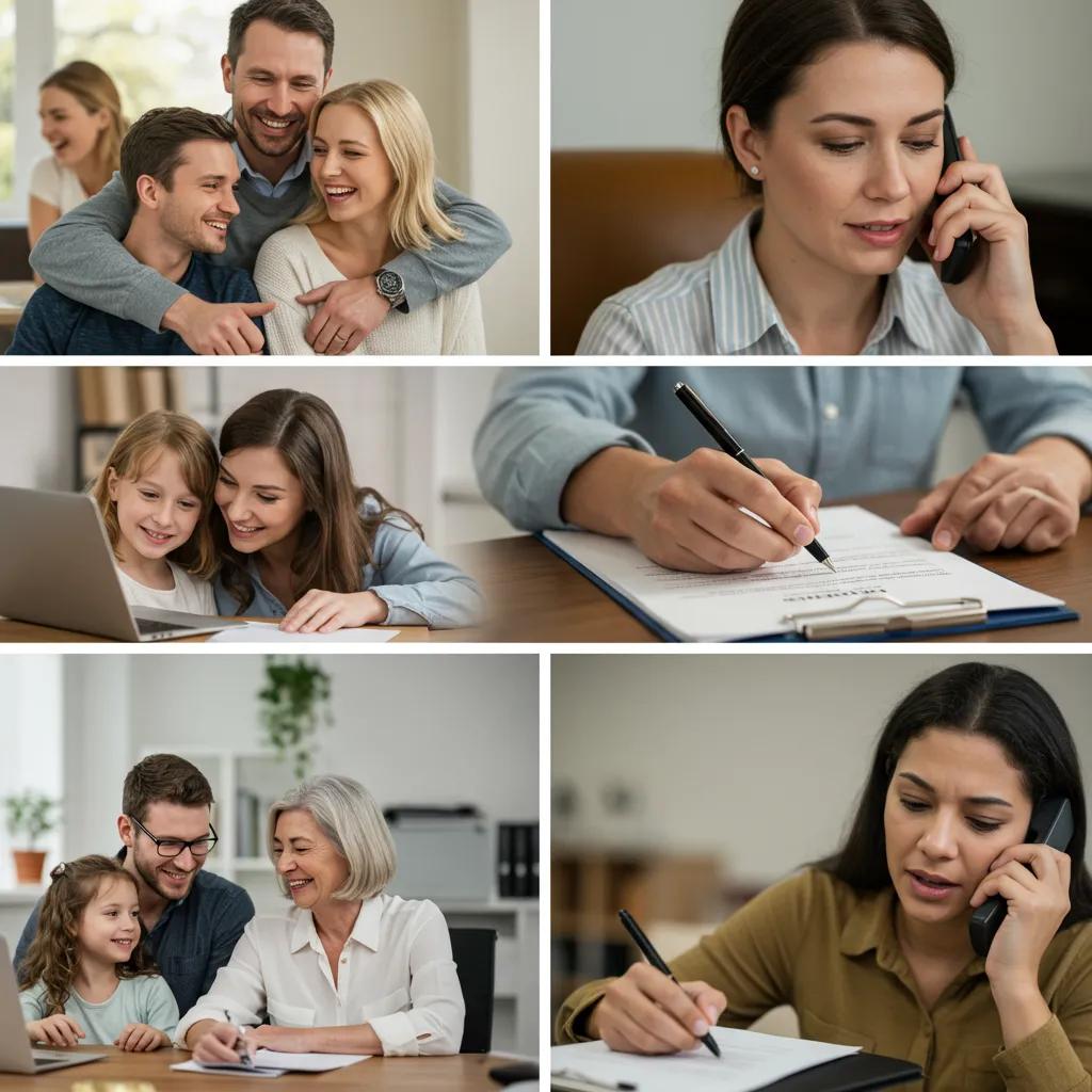 Collage of people tracing services including family reunion and legal documentation