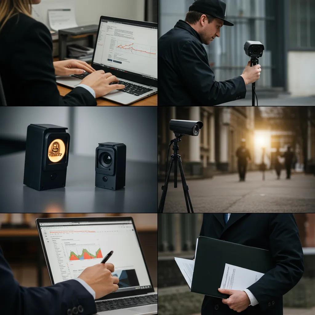 Collage of private investigation services including people tracing, surveillance, and process serving