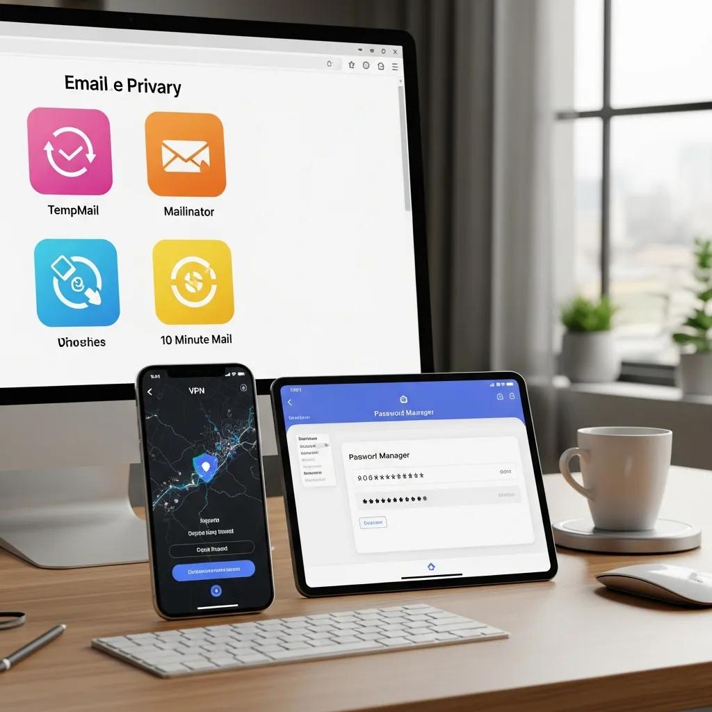 Assortment of privacy tools—VPN, password manager, and email app icons—on a desk