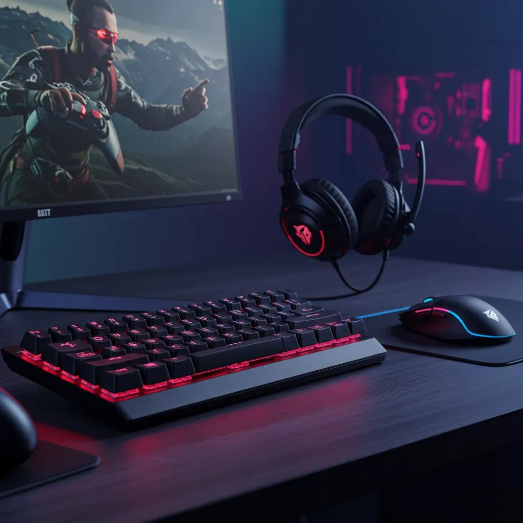 Collection of gaming tech accessories including keyboard, mouse, and headset for enhanced gaming experience