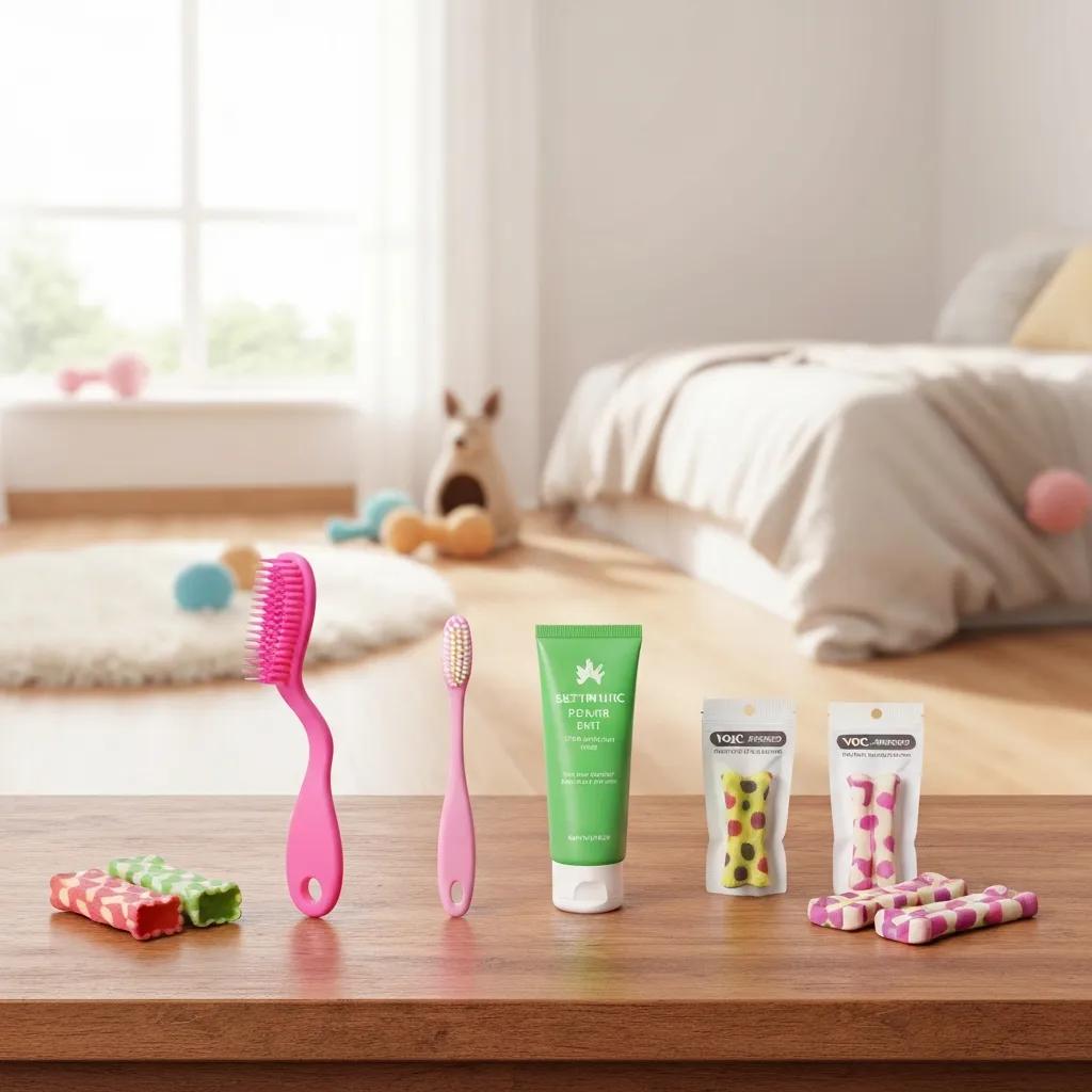 A selection of pet toothbrushes, finger brushes, and pet‑safe toothpaste laid out for home dental care