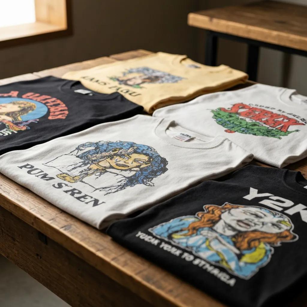A selection of vintage-style t-shirts with 90s and Y2K-inspired graphics laid out on a rustic surface
