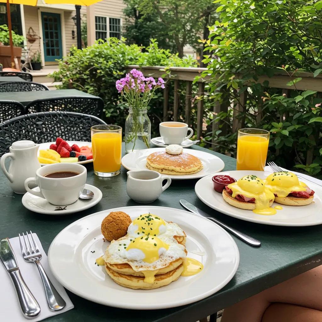 Colorful brunch table with pancakes and eggs benedict at a local café in Moorestown, NJ Colorful brunch table with pancakes and eggs benedict at a local café in Moorestown, NJ