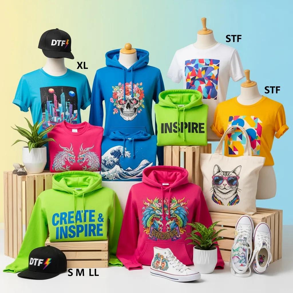 Bright custom apparel arranged to show Direct-to-Film (DTF) transfer detail