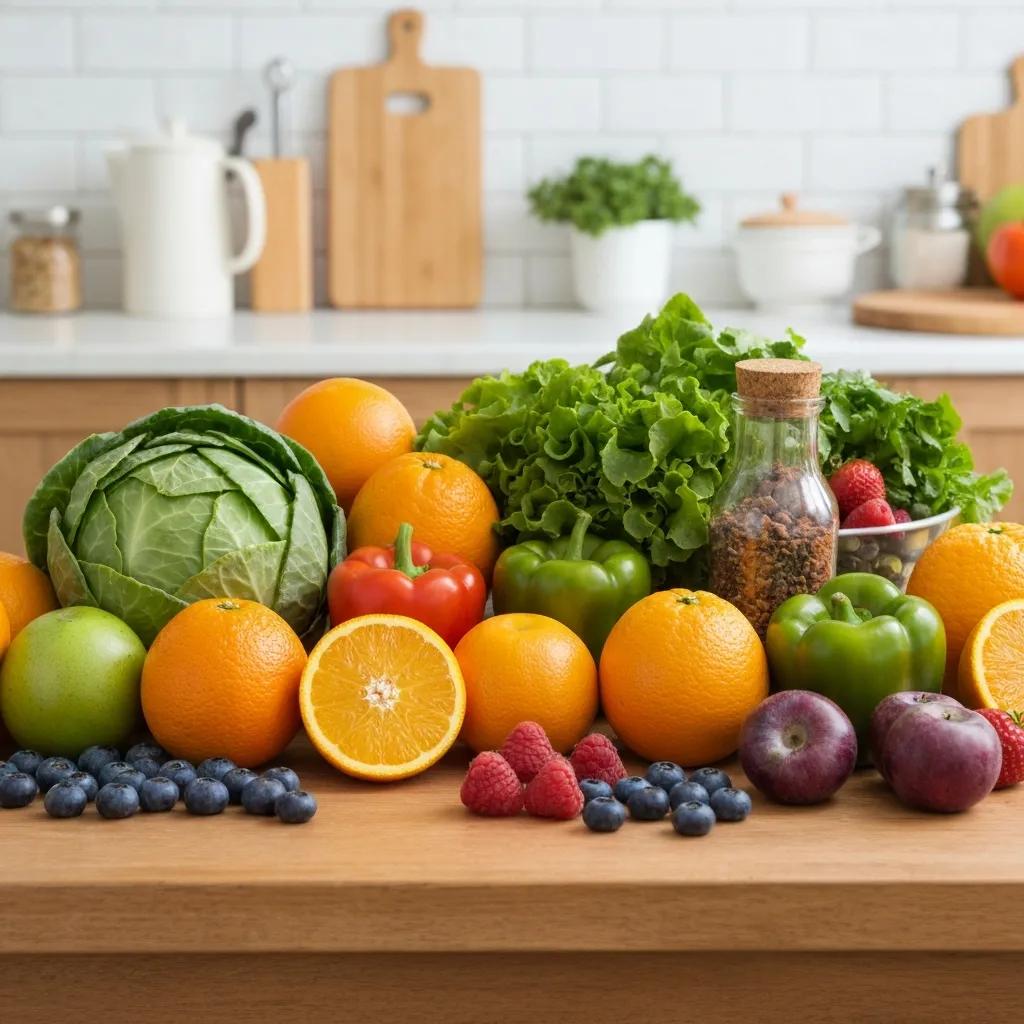 Colorful fruits and vegetables representing essential vitamins for optimal health