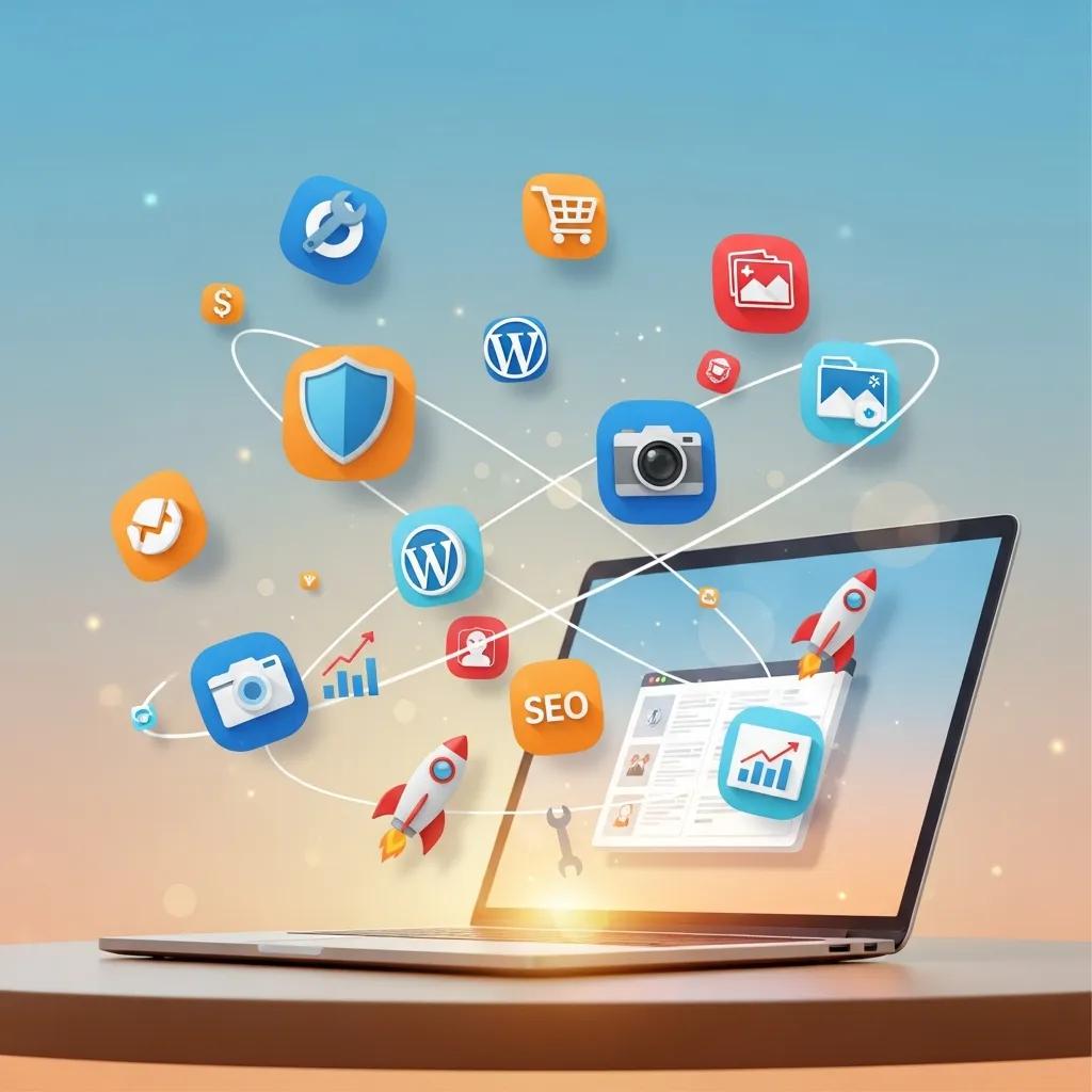 Colorful icons representing WordPress plugins enhancing website functionality