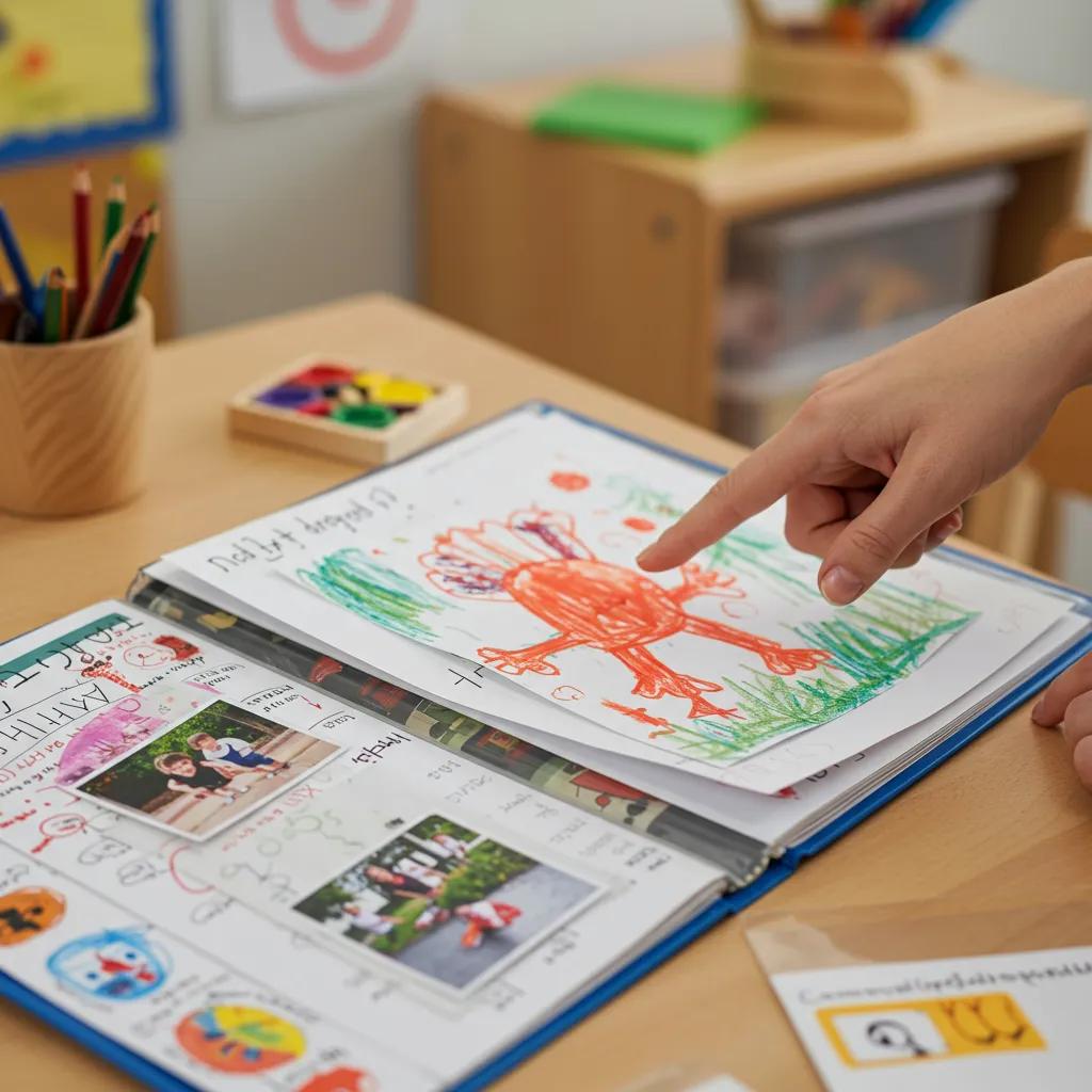 Colorful portfolio showcasing children's artwork and progress documentation in a classroom