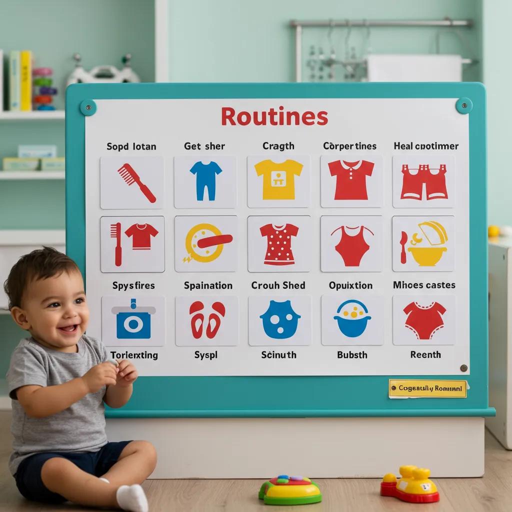 Colorful routine chart at child's eye level, illustrating how visual schedules aid in understanding daily tasks