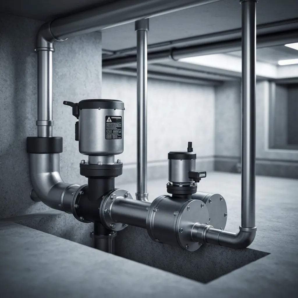 Integrated combination sump pump system showing primary and backup components in one unit Integrated combination sump pump system showing primary and backup components in one unit