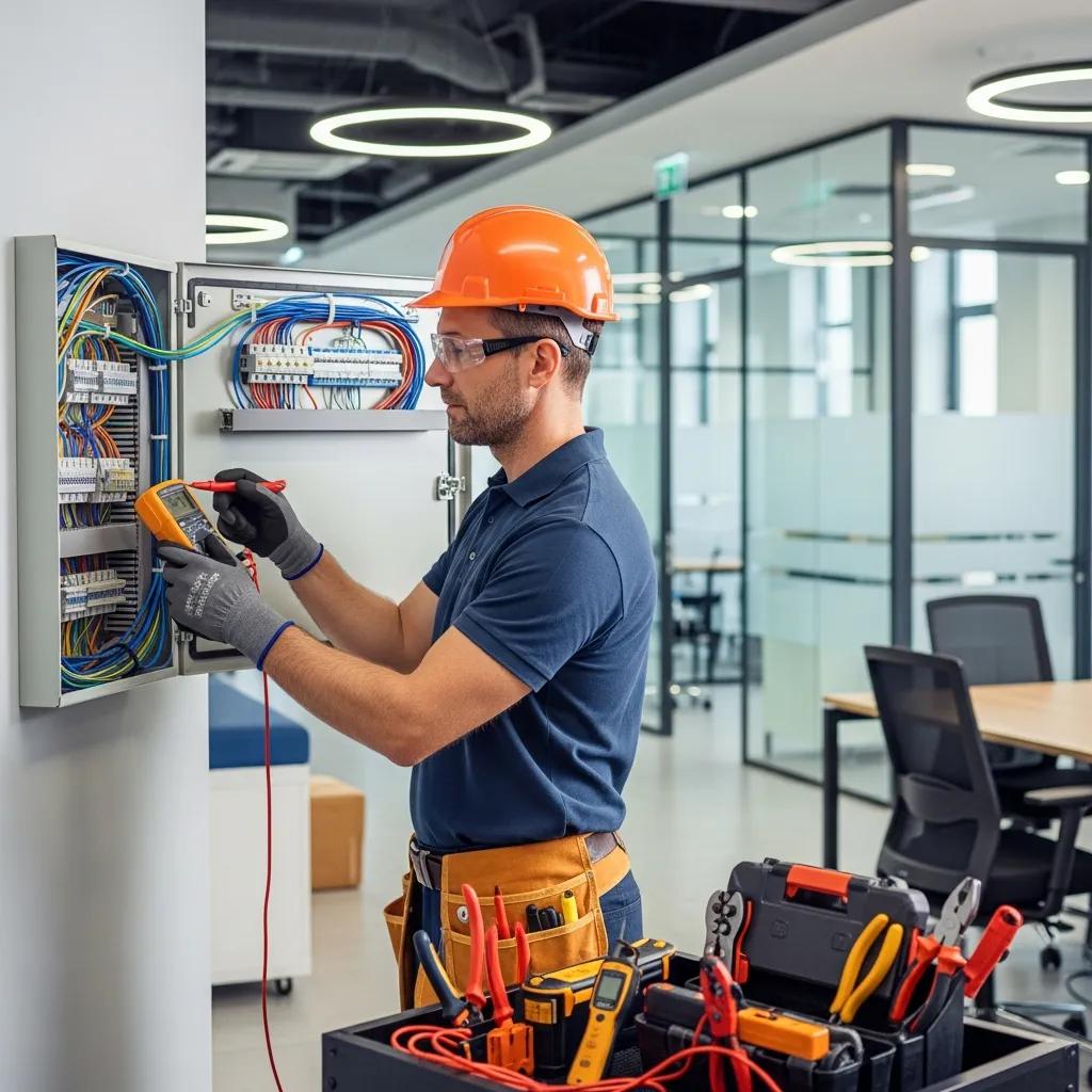 Commercial electrician inspecting wiring systems in a business environment