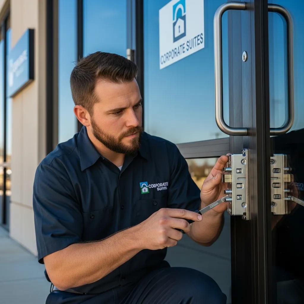 Commercial locksmith installing a high-security lock, emphasizing business security solutions